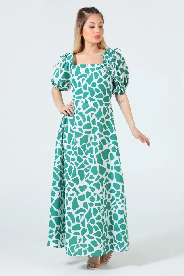 Kadın Cep Detaylı Desenli Uzun Elbise Yeşil