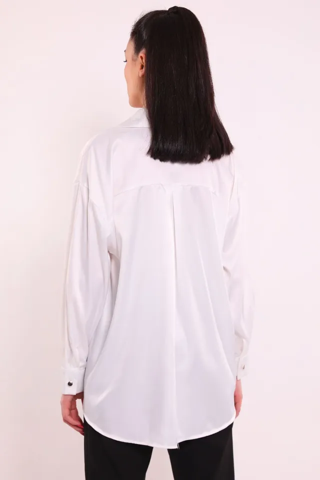 Kadın Cep Detaylı Saten Gömlek Beyaz