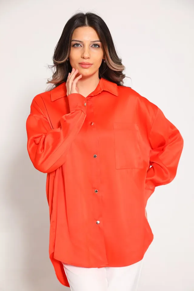 Kadın Cep Detaylı Saten Gömlek Orange