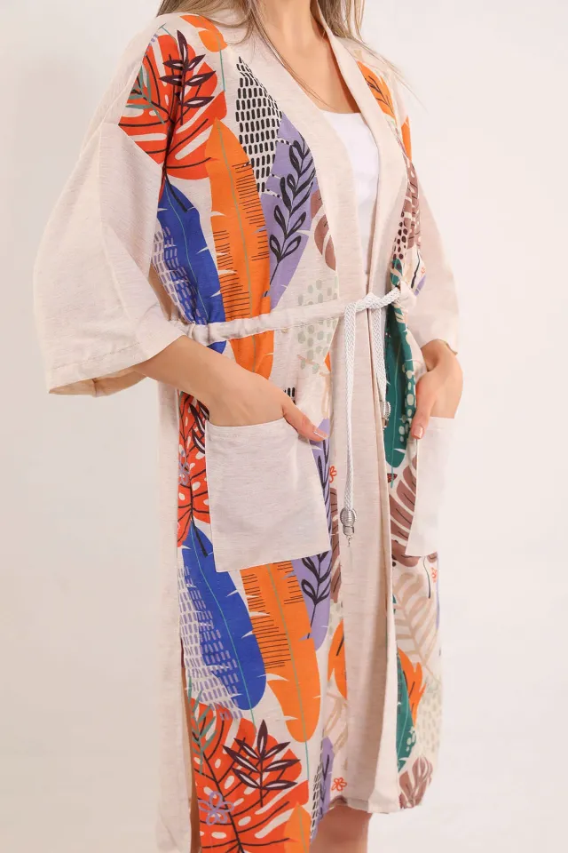 Kadın Cepli Desenli Kimono Turuncu