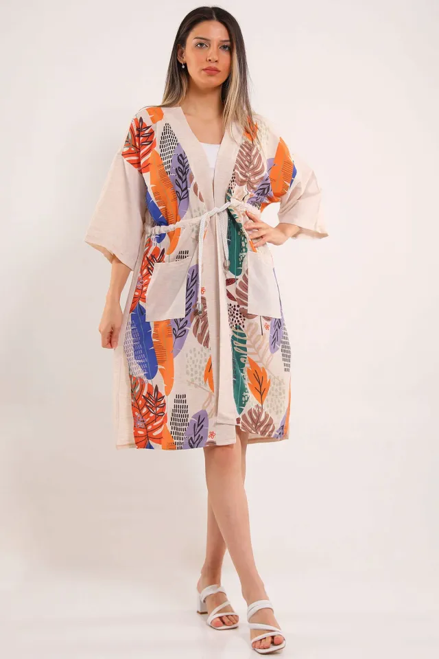 Kadın Cepli Desenli Kimono Turuncu