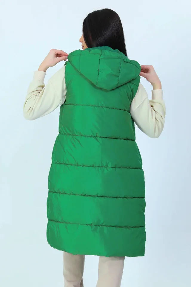 Kadın Cepli Uzun Kapüşonlu Şişme Yelek Yeşil
