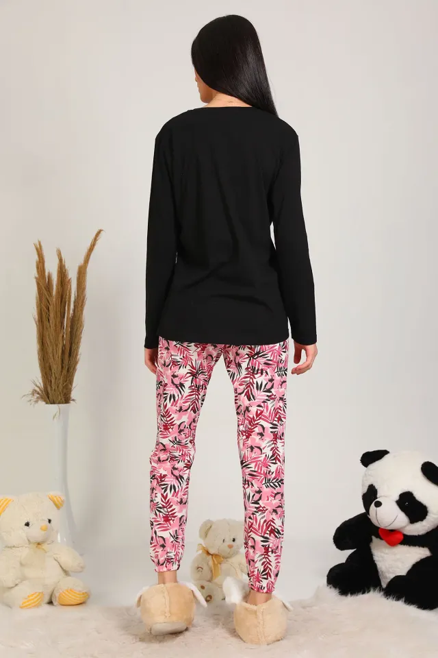 Kadın Çiçek Baskılı Pijama Takımı Siyah
