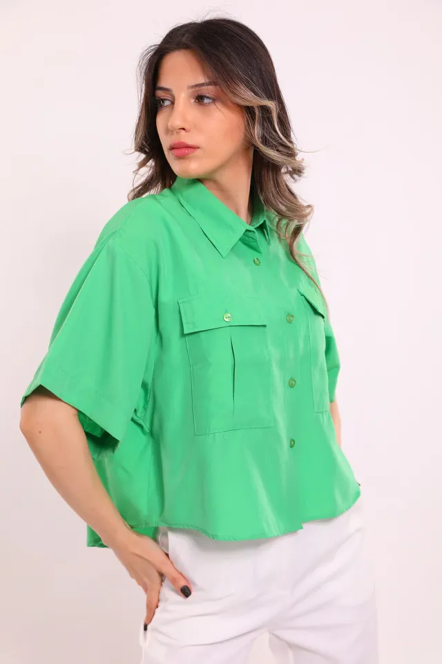 Kadın Çift Cep Detaylı Salaş Crop Gömlek Yeşil