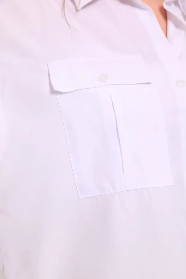 Kadın Çift Cep Detaylı Salaş Crop Gömlek Beyaz