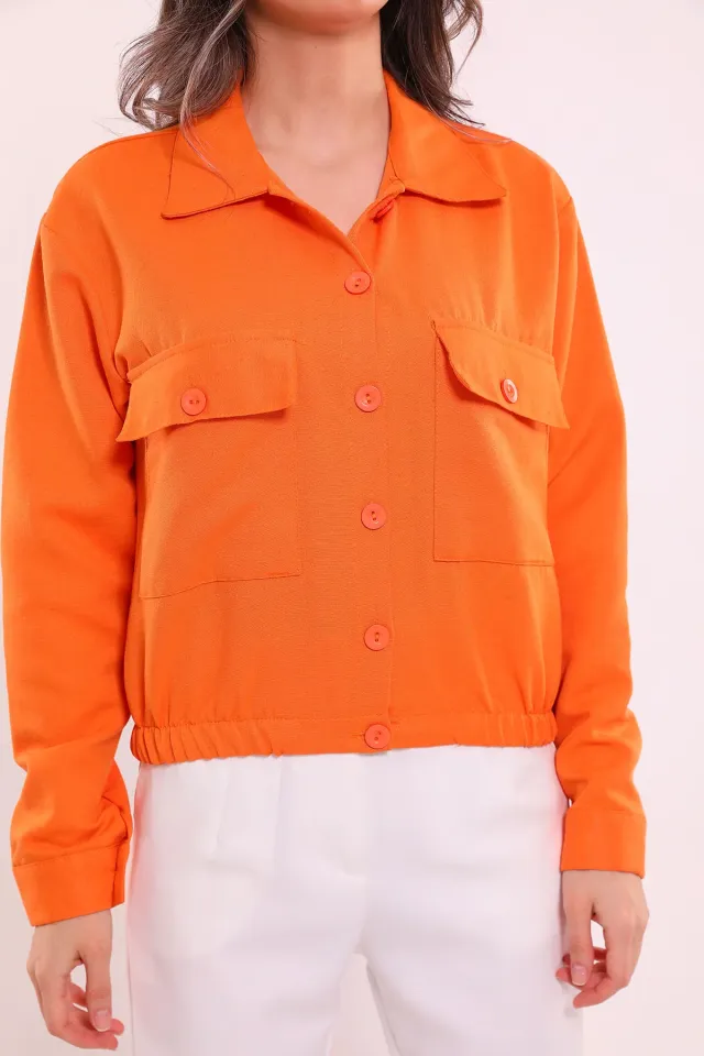 Kadın Çift Cepli Bel Büzgü Detaylı Mevsimlik Keten Gömlek Ceket Orange