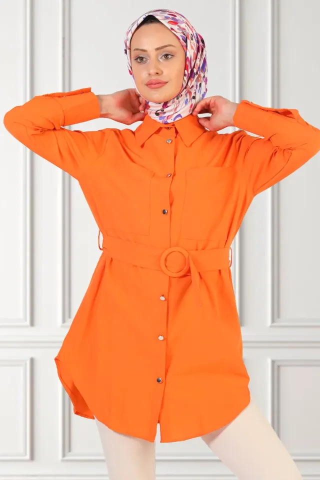 Kadın Çift Cepli Kemerli Tesettür Gömlek Tunik Orange