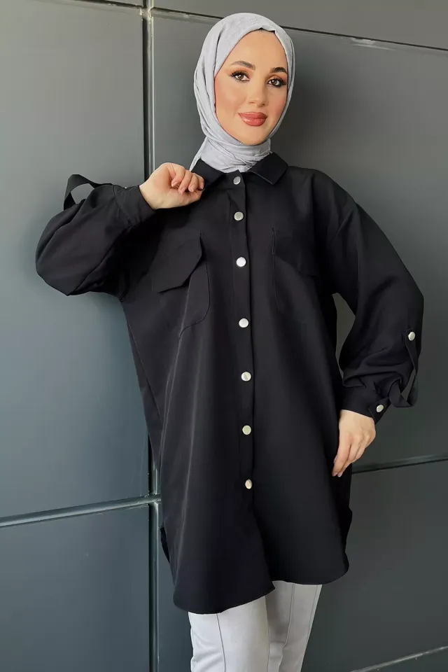 Kadın Çift Çepli Kol Apoletli Salaş Tesettür Tunik Gömlek Siyah