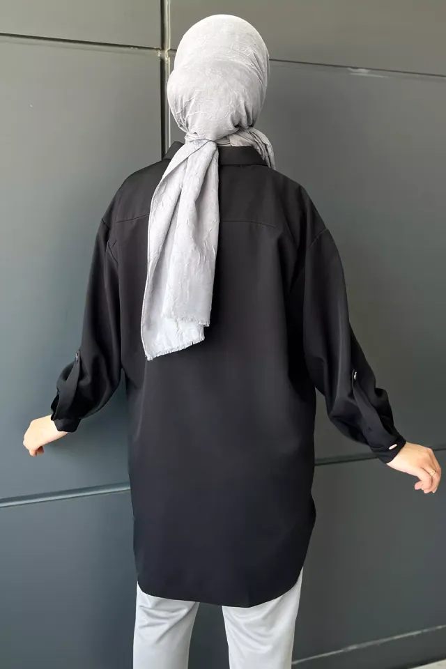 Kadın Çift Çepli Kol Apoletli Salaş Tesettür Tunik Gömlek Siyah