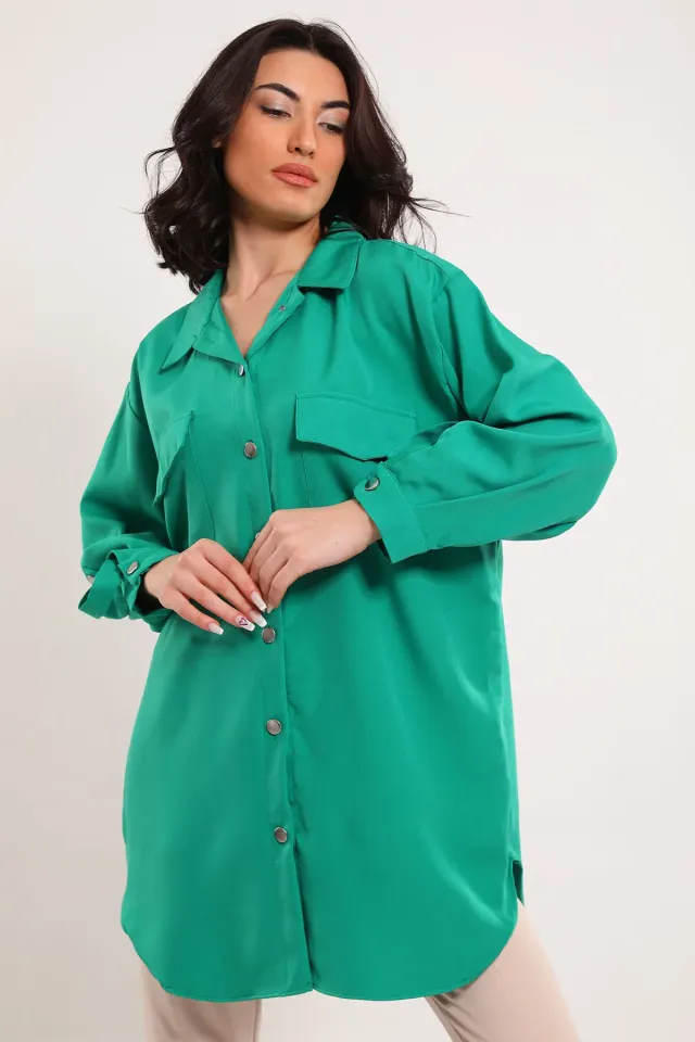 Kadın Çift Çepli Kol Apoletli Salaş Tesettür Tunik Gömlek Yeşil