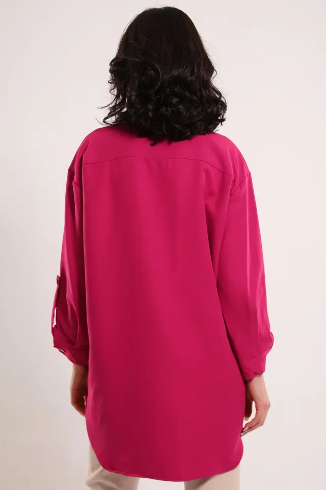 Kadın Çift Çepli Kol Apoletli Salaş Tesettür Tunik Gömlek Fuşya