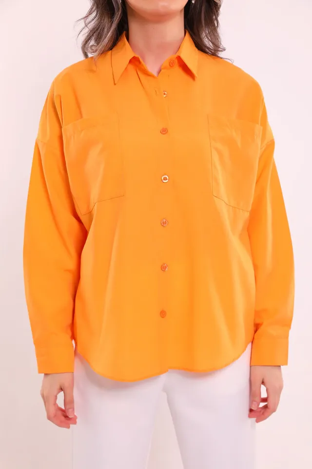 Kadın Çift Cepli Salaş Gömlek Orange