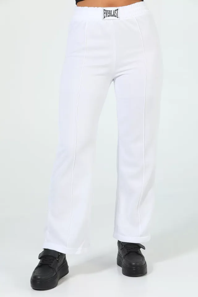 Kadın Çimalı Şardonlu Bol Paça Pantolon Eşofman Beyaz