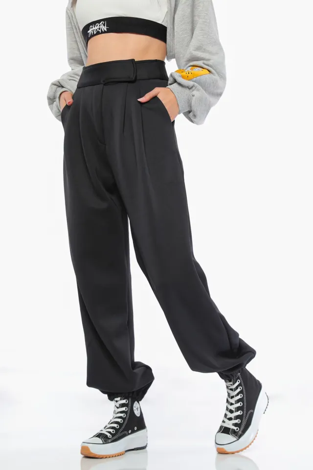 Kadın Cırtcırtlı Paça Lastikli Kumaş Pantolon Siyah