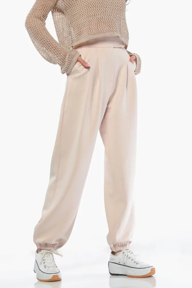 Kadın Cırtcırtlı Paça Lastikli Kumaş Pantolon Taş