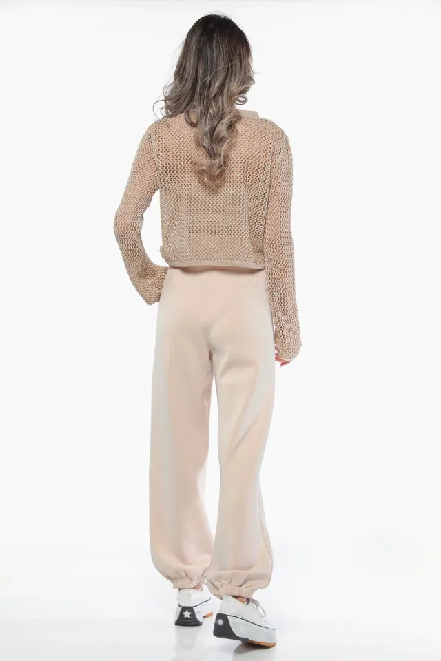 Kadın Cırtcırtlı Paça Lastikli Kumaş Pantolon Taş