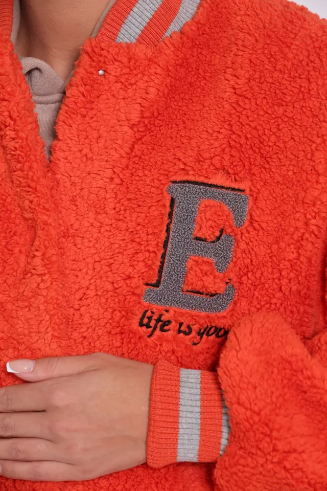 Kadın Çıtçıtlı Peluşlu Kolej Ceket Orange