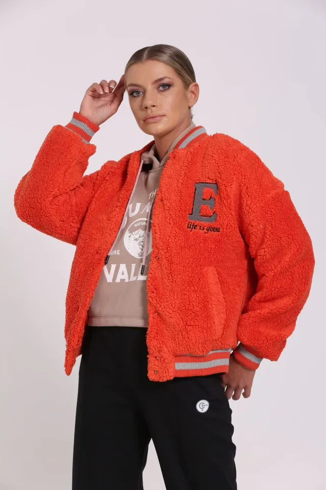 Kadın Çıtçıtlı Peluşlu Kolej Ceket Orange