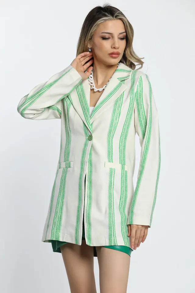 Kadın Çizgi Desenli Sahte Cep Detaylı Blazer Ceket Kremyeşil