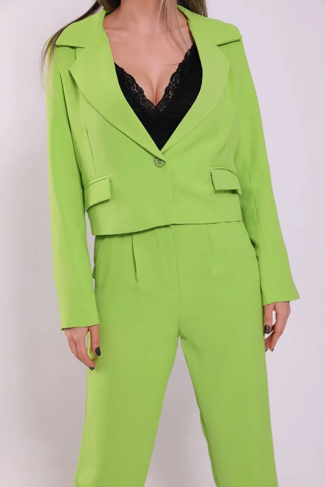 Kadın Crop Ceket Pantolonlu İkili Takım Fıstık Yeşili