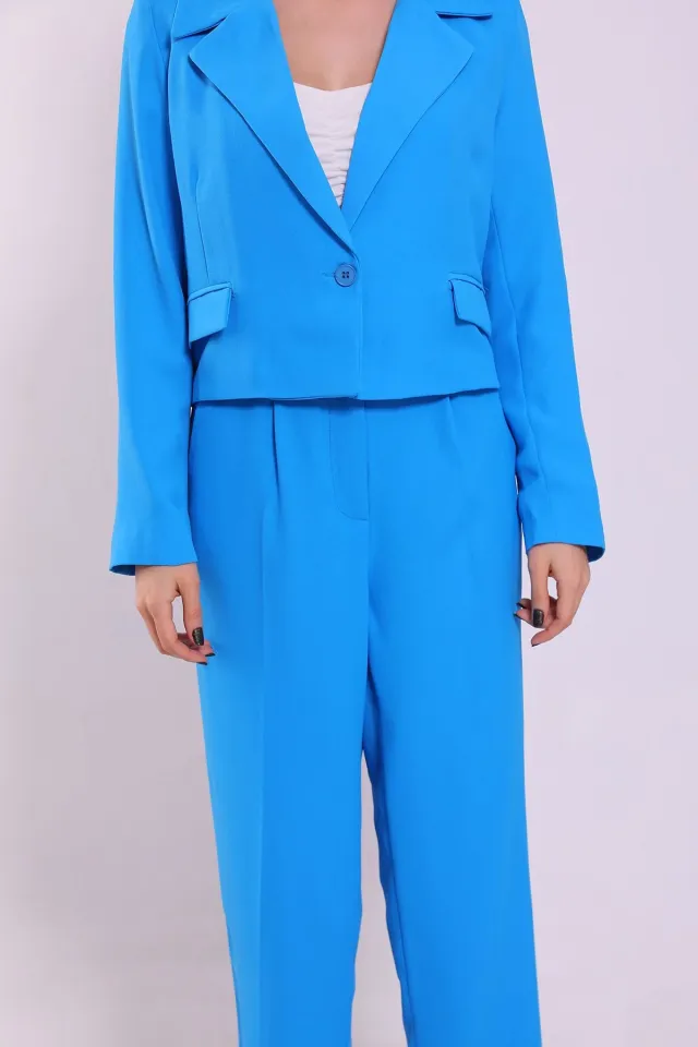 Kadın Crop Ceket Pantolonlu İkili Takım Mavi