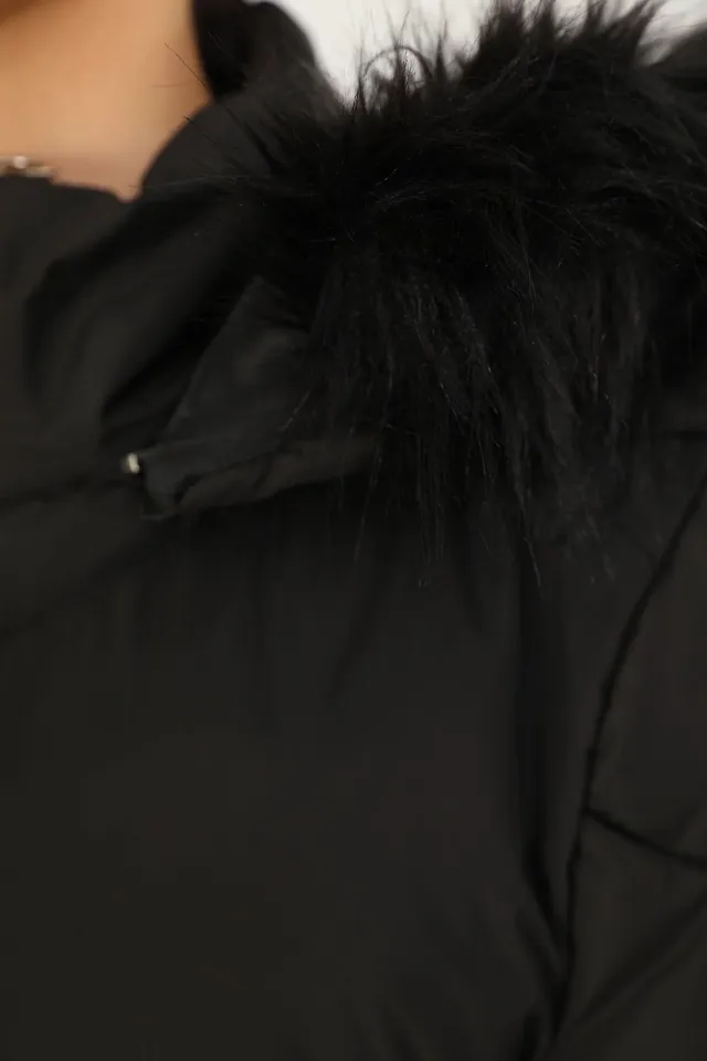Kadın Kapüşonu Kürklü Uzun Şişme Mont Siyah