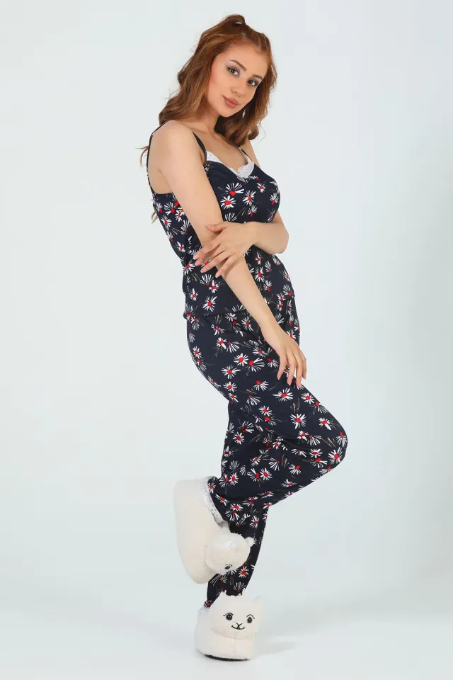 Kadın Desenli Askılı Pijama Takımı Lacivert