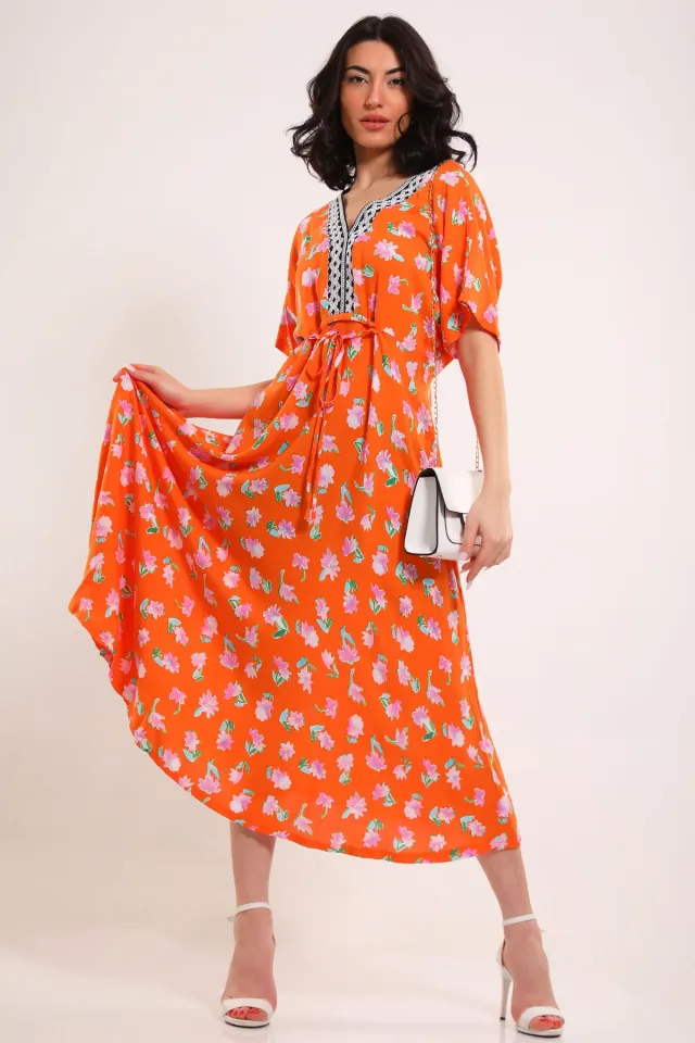 Kadın Desenli Bel Bağlamalı Elbise Orange