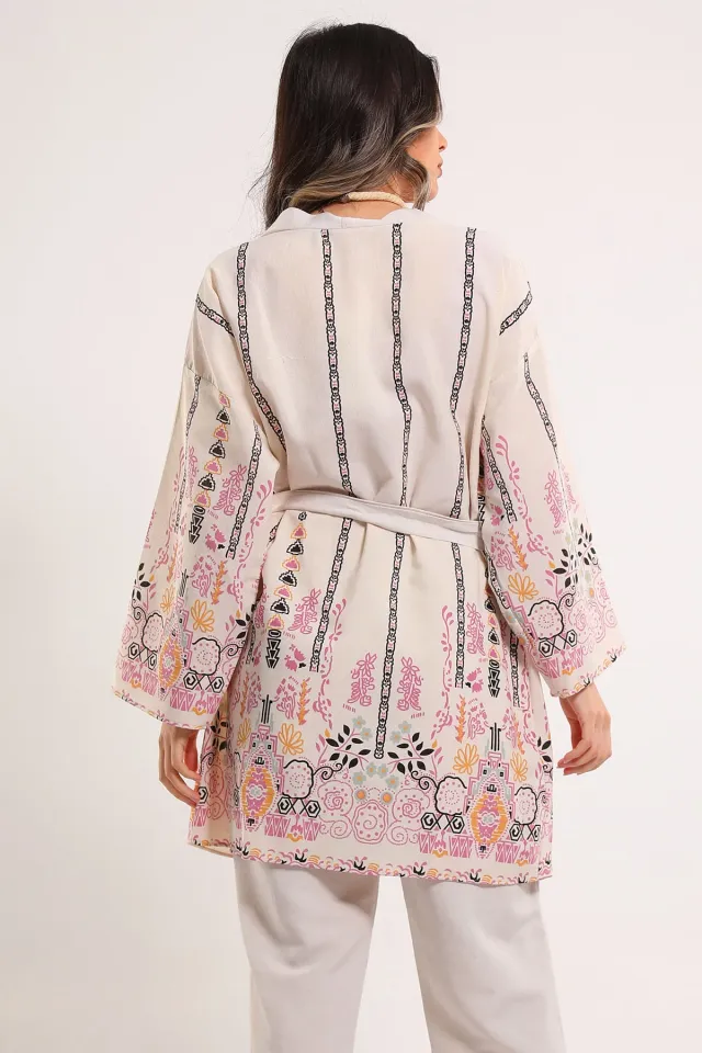 Kadın Desenli Keten Kimono İkili Takım Kremfujya