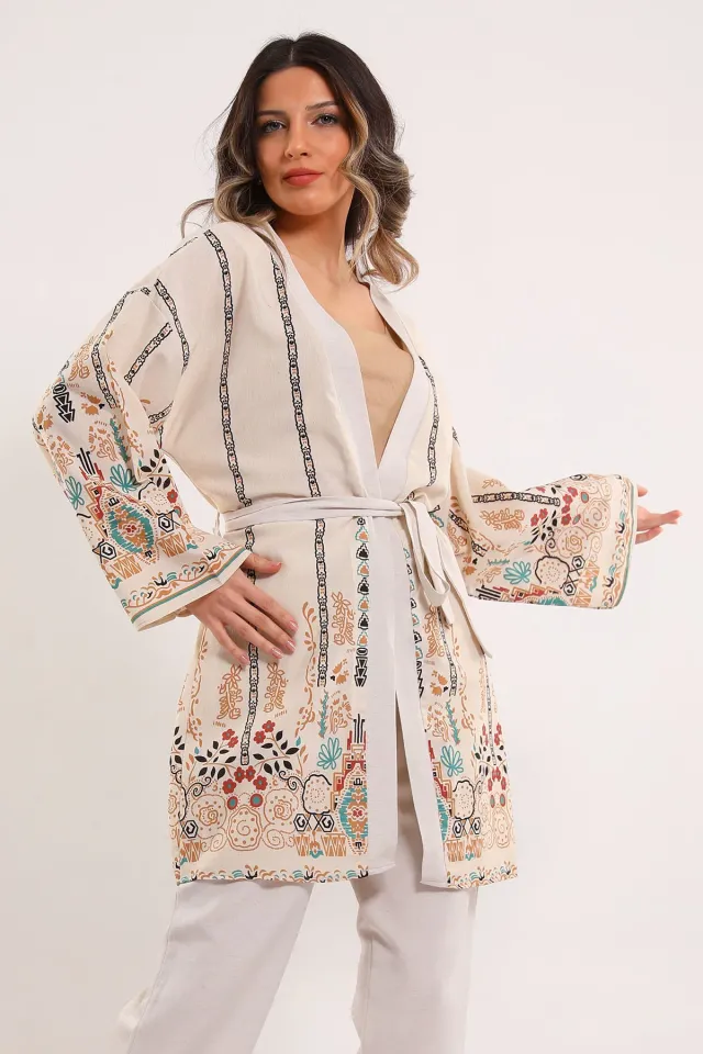 Kadın Desenli Keten Kimono İkili Takım Kremkahve