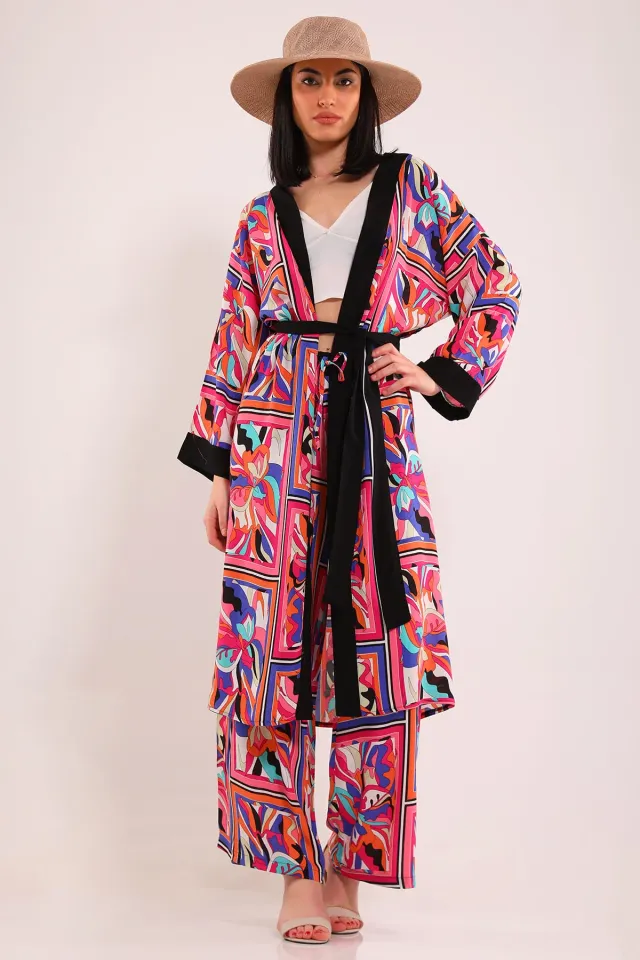 Kadın Desenli Kimono İkili Takım Siyah