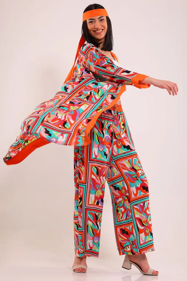 Kadın Desenli Kimono İkili Takım Turuncu