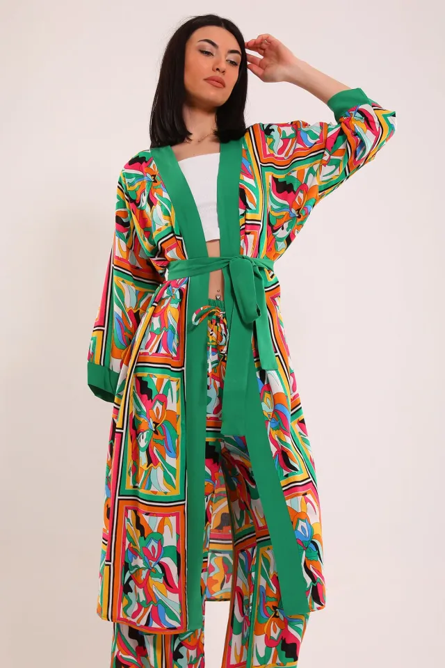 Kadın Desenli Kimono İkili Takım Yeşil