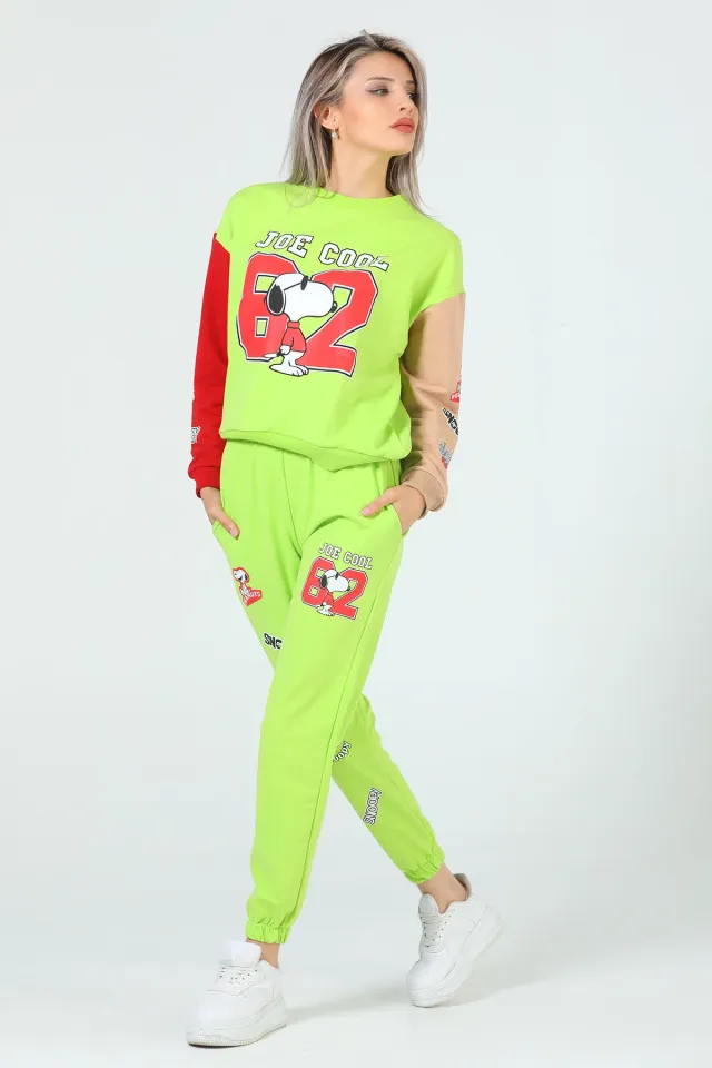 Kadın Desenli Paça Lastikli İkili Takım Neon Yeşil