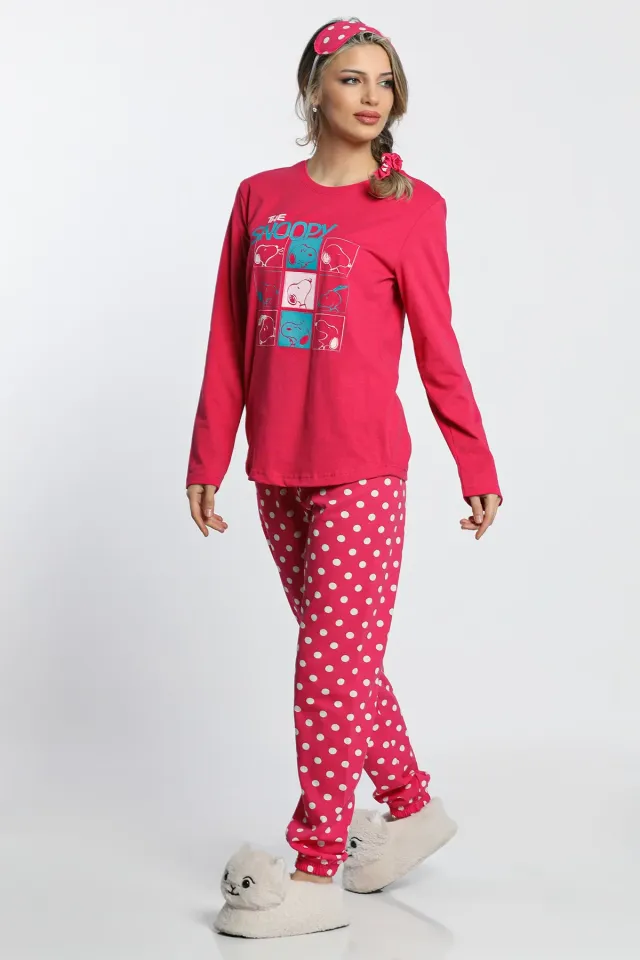 Kadın Desenli Pijama Takımı Fuşya