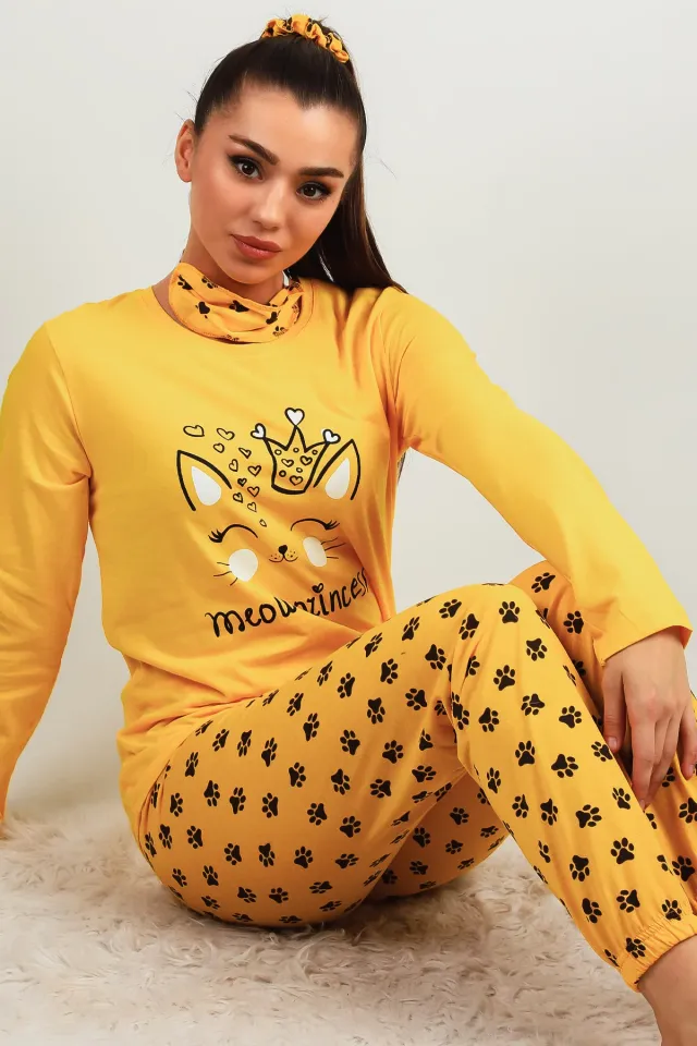 Kadın Desenli Pijama Takımı Sarı