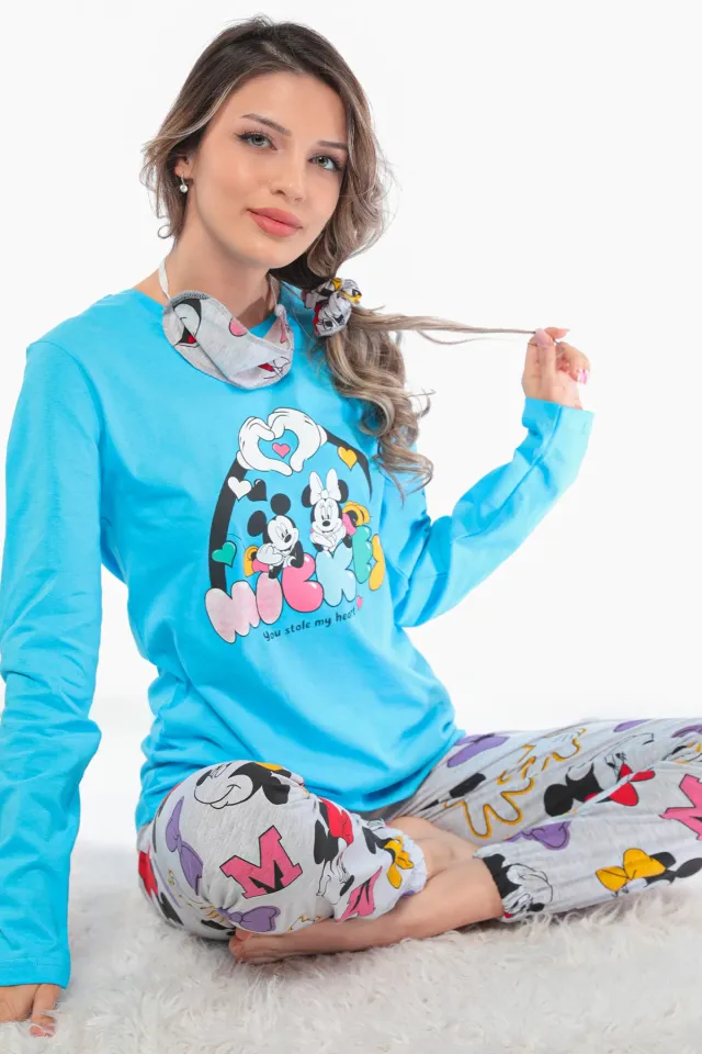 Kadın Desenli Pijama Takımı Turkuaz