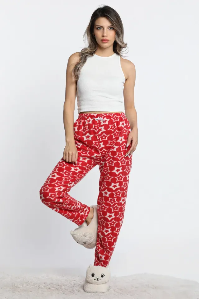 Kadın Desenli Polar Alt Pijama Kırmızı