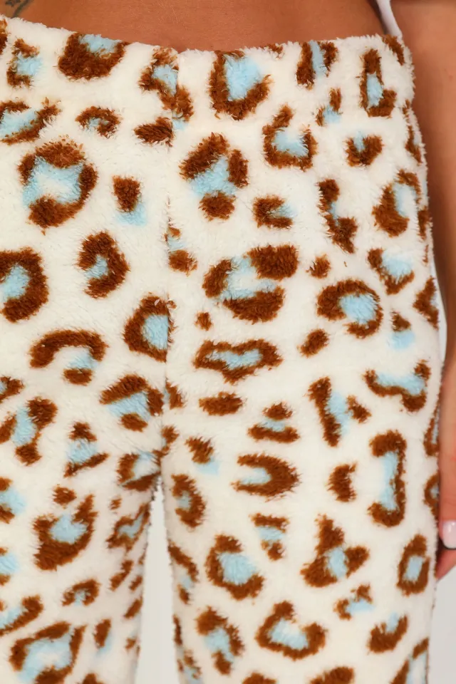Kadın Desenli Ribanalı Peluş Alt Pijama Krem