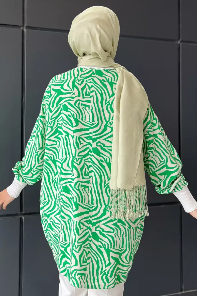 Kadın Desenli Salaş Tesettür Tunik Kremyeşil