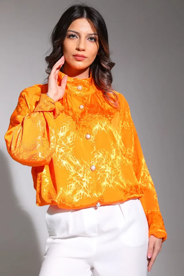 Kadın Jakarlı Saten Gömlek Orange