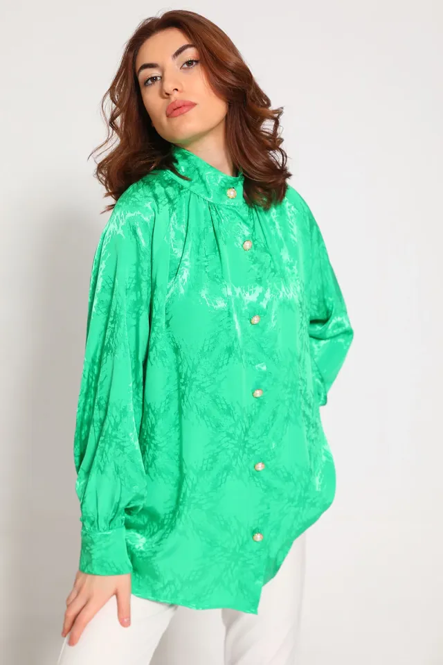 Kadın Jakarlı Saten Gömlek Yeşil