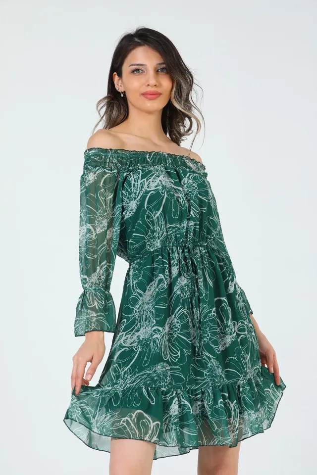 Kadın Desenli Şifon Elbise Koyuyeşil