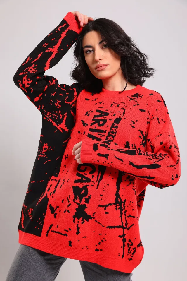 Kadın Desenli Triko Tunik Kırmızı