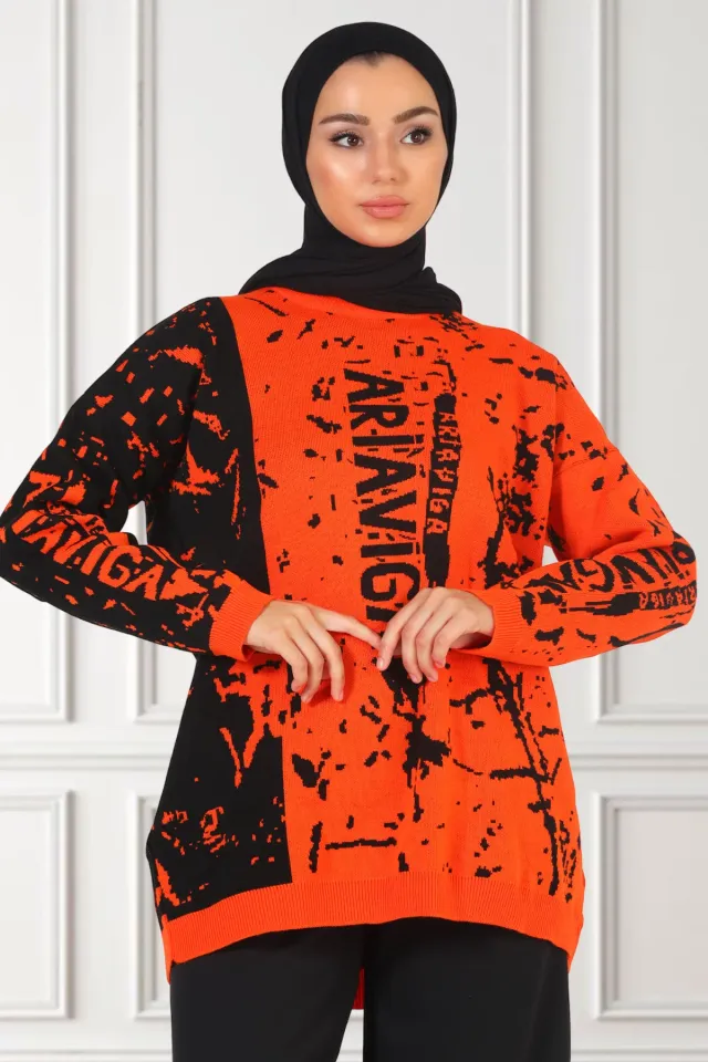 Kadın Desenli Triko Tunik Orange