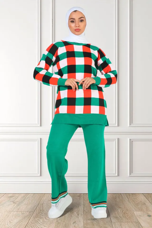 Kadın Desenli Triko Tunik Pantolon İkili Takım Yeşil