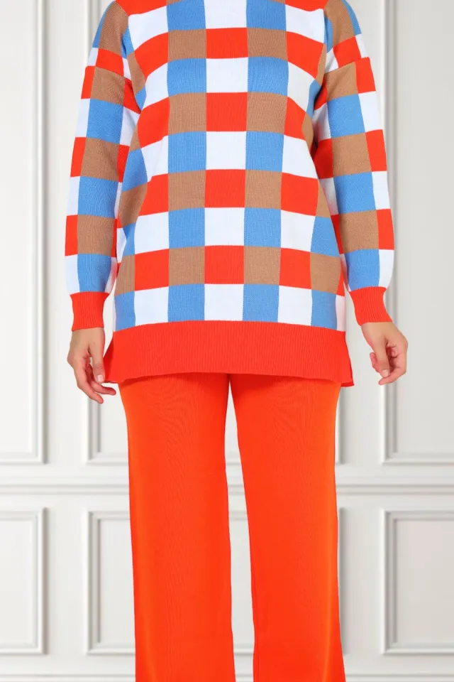 Kadın Desenli Triko Tunik Pantolon İkili Takım Orange
