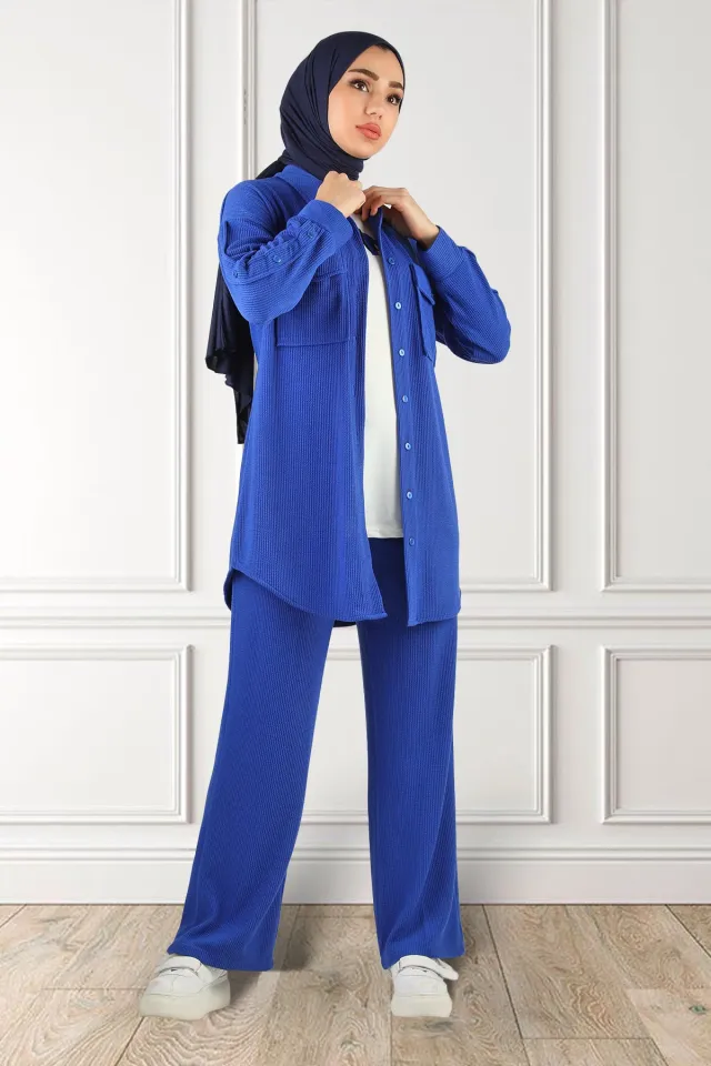 Kadın Desenli Tunik Pantolon Bluz Tesettür Üçlü Takım Saksmavisi