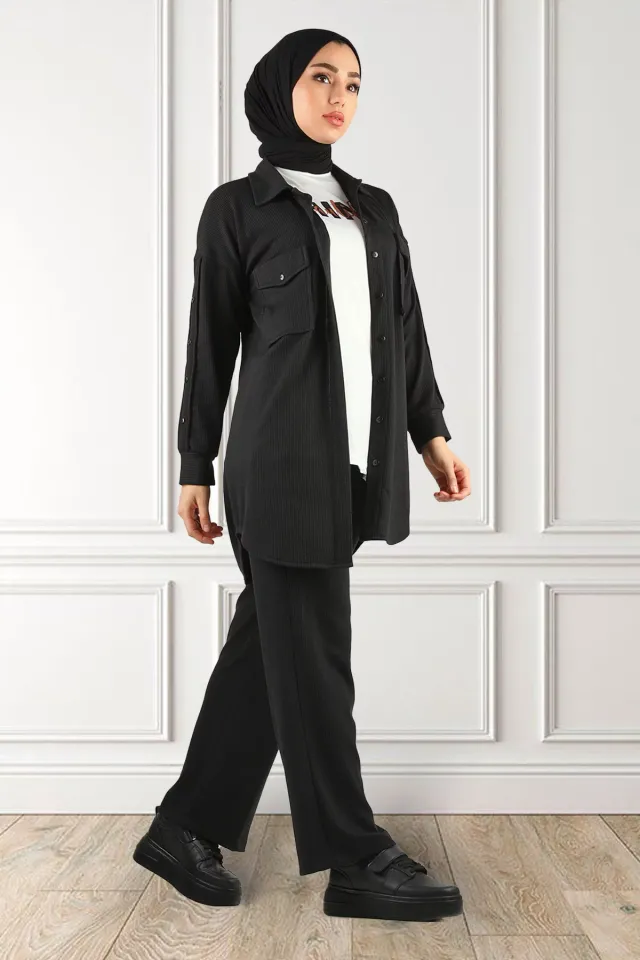 Kadın Desenli Tunik Pantolon Bluz Tesettür Üçlü Takım Siyah