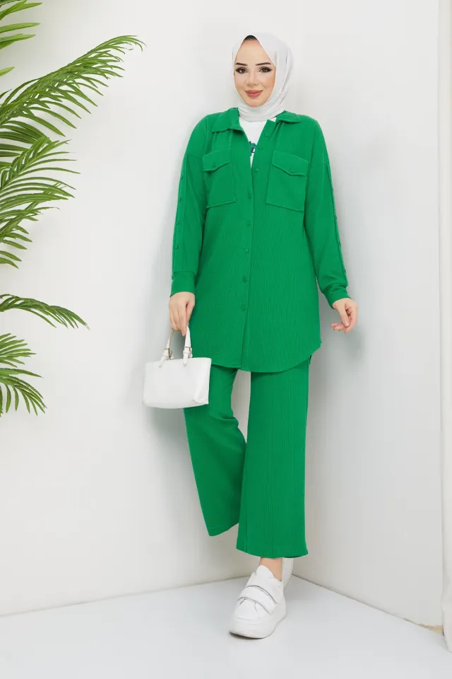 Kadın Desenli Tunik Pantolon Bluz Tesettür Üçlü Takım Yeşil